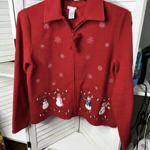 Fashion Bug Women's Fleece Zip Up Long Sleeve Red Christmas Winter Snowman Sz Lg